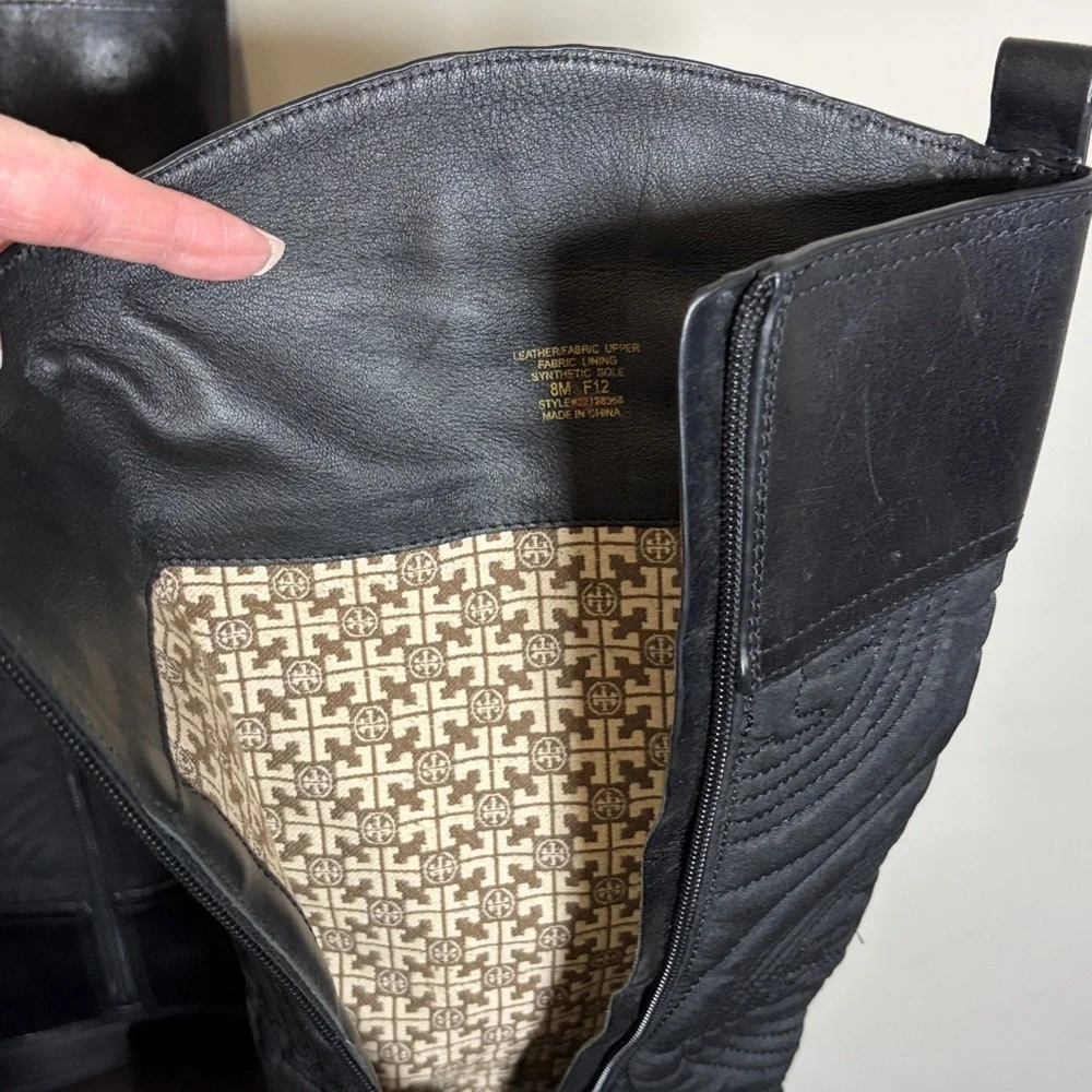 TORY BURCH Quilted Black Riding Boots Leather Logo Tall Deaigner Sz 8